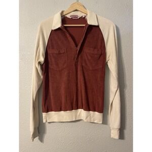 VINTAGE 70s Logistix Two Tone Velour Long Sleeve Polo Shirt Sweater Mens M
